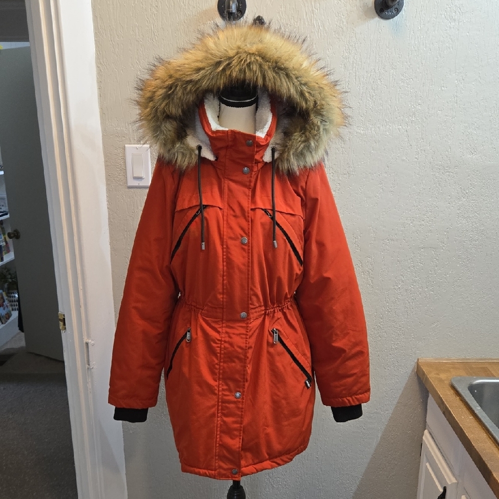 Nine West Faux Fur Hooded Sherpa Trim Parka Coat